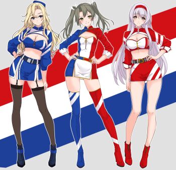 3girls absurdres alternate_costume asymmetrical_legwear bandeau belt black_belt black_garter_straps black_thighhighs blonde_hair blue_boots blue_skirt blush boots breasts cleavage colorful_background commentary_request garter_straps green_eyes green_hair hair_ribbon hairband hand_on_own_hip hands_on_own_hips hat highres hornet_(kancolle) jacket kantai_collection large_breasts long_hair looking_at_viewer miniskirt mismatched_legwear multicolored_jacket multicolored_skirt multiple_girls nitamako_(sakamalh) race_queen red_boots red_jacket red_skirt ribbon shoukaku_(kancolle) skirt smile striped_background thigh_boots thighhighs twintails white_hair white_ribbon zuikaku_(kancolle)