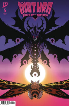 antennae blue_eyes bug character_request claws dragonfly fangs giant giant_monster glowing glowing_eyes godzilla_(series) godzilla_vs._megaguirus horns idw_publishing insect kaiju megaguirus moth mothra mothra:_queen_of_the_monsters mothra_gemini no_humans official_art omegaguirus open_mouth oversized_wings red_eyes sharp_teeth sophie_campbell spiked_tail spikes stinger tail teeth wings