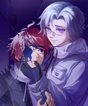 2boys ahoge aotsuki_eito black_gloves black_hair blue_eyes chinese_commentary commentary_request crack crying crying_with_eyes_open dated drawstring empty_eyes eyelashes eyes_visible_through_hair glasses gloves grey_hair grey_jacket hand_on_another&#039;s_arm hand_on_another&#039;s_chin hand_on_another&#039;s_shoulder height_difference high_collar highres hood hood_down hooded_jacket hoodie jacket jacket_over_hoodie long_sleeves male_focus multicolored_hair multiple_boys open_clothes open_jacket pocket purple_background purple_eyes red_hair sanpaku semi-rimless_eyewear short_hair signature spoilers streaked_hair sumino_takumi tears the_hundred_line_-last_defense_academy- tina_janai two-tone_hair variant_set white_hoodie white_jacket zipper_pull_tab