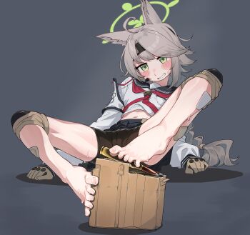 1girl absurdres ahoge animal_ears barefoot bike_shorts black_sailor_collar black_shorts black_skirt blue_archive braid brown_gloves brown_hair extra_ears feet foot_focus fox_ears fox_girl frogsnake gloves green_eyes green_halo grey_background halo headset highres knee_pads long_hair long_sleeves looking_at_viewer magazine_(weapon) midriff navel neckerchief otogi_(blue_archive) pleated_skirt red_neckerchief sailor_collar school_uniform serafuku shirt shorts sitting skirt smile solo white_shirt