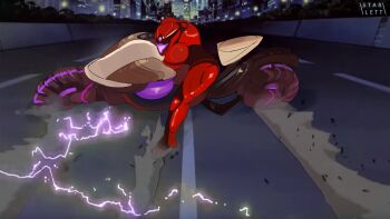 1girl absurdres akira_(manga) akira_slide arm_cannon armor assault_visor commentary dessert drifting english_commentary food highres highway looking_at_viewer meme metroid metroid_prime_4:_beyond motor_vehicle motorcycle nintendo power_suit_(metroid) purple_visor samus_aran shoulder_armor signature solo starlett vi-o-la vi-o-la_suit weapon