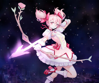1girl arrow_(projectile) bow bow_(weapon) bow_choker bubble_skirt choker closed_mouth commentary contributi0ns drawing_bow eyelashes flower foot_out_of_frame footwear_bow furrowed_brow gem gloves glowing_arrow hair_bow highres holding holding_bow_(weapon) holding_weapon kaname_madoka magical_girl mahou_shoujo_madoka_magica multiple_hair_bows pink_bow pink_eyes pink_flower pink_gem pink_hair pink_rose red_choker red_shoes rose shoes skirt socks soul_gem star_(sky) starry_sky_background twintails weapon white_gloves white_socks