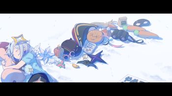 1girl absurdres ahoge amane_kanata angel angel_wings bibi_(tokoyami_towa) bicorne binoculars black_shorts blue_hair blue_shirt blush carrot closed_eyes colored_inner_hair commentary_request crown detached_ahoge flower grey_hair halo hat highres hololive hugging_object kaguya_(srx61800) letterboxed lying mask multicolored_hair on_side pp_tenshi_t-shirt shirt short_sleeves shorts sleeping snow solo star_halo tilted_headwear upao_(amane_kanata) upper_body virtual_graduation_commemoration virtual_youtuber white_flower wings