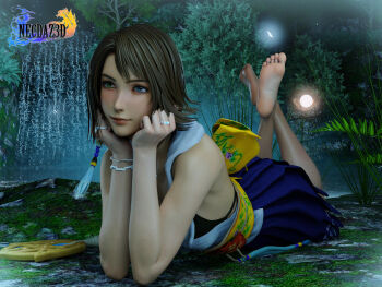 1girl 3d barefoot blue_eyes brown_hair feet final_fantasy final_fantasy_x foot_focus happy heterochromia highres leaning_forward leg_lift looking_at_viewer lying necdaz91 night on_stomach outdoors short_hair smile soles spread_legs square_enix the_pose toes yuna