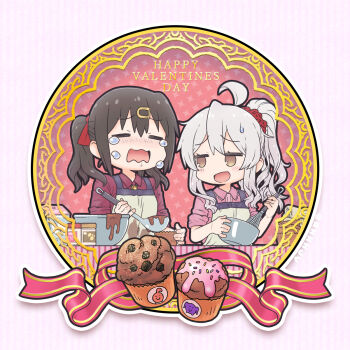 Rule 34 | 2girls, :d, ahoge, apron, black hair, blush, bowl, brown eyes, chocolate, chocolate making, closed eyes, commentary, crying, cupcake, food, hair ornament, hair ribbon, hair scrunchie, hairclip, happy valentine, highres, jar, ladle, long hair, looking at another, matado (almukha), multiple girls, onii-chan wa oshimai!, open mouth, oyama mahiro, oyama mihari, pink shirt, ponytail, red ribbon, red scrunchie, red shirt, ribbon, scrunchie, shirt, siblings, sisters, sleeves rolled up, smile, sweatdrop, twintails, valentine, wavy mouth, whisk, white hair