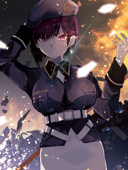 108shizuku 1girl arm_behind_head arm_up breasts commentary_request earrings gloves hat heaven_burns_red highres jewelry large_breasts looking_at_viewer military_hat purple_hair red_eyes short_hair tezuka_saki
