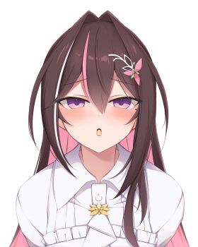 ascot azki_(4th_costume)_(hololive) azki_(hololive) blush brown_hair choumei_(qca012005) collared_dress colored_inner_hair double-parted_bangs dress food food_in_mouth hair_between_eyes hair_intakes hair_ornament hairclip hashtag-only_commentary highres hololive incoming_pocky_kiss long_hair mole mole_under_eye mouth_hold multicolored_hair official_alternate_costume pink_hair pink_streaks pocky pocky_day pocky_in_mouth purple_eyes simple_background streaked_hair upper_body very_long_hair virtual_youtuber white_ascot white_background white_dress white_streaks