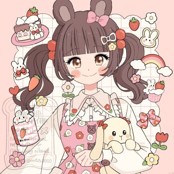 Rule 34 | 1girl, animal ears, apron, blunt bangs, blush stickers, border, bow, brown eyes, brown hair, cake, cake slice, closed mouth, collared shirt, commentary, cup, cupcake, eeppa, floral print, food, frilled shirt collar, frills, fruit, grid background, highres, long hair, long sleeves, looking at viewer, original, outside border, pink apron, pink border, pink bow, plate, print bow, rabbit ears, rabbit girl, shirt, sidelocks, smile, solo, strawberry, stuffed animal, stuffed rabbit, stuffed toy, symbol-only commentary, twintails, twitter username, upper body, watermark, white background, white shirt
