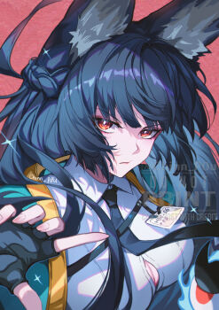 1girl absurdres animal_ears aqua_jacket artist_name black_gloves black_hair black_necktie breasts bright_pupils button_gap chinnpou closed_mouth collared_shirt commentary fingerless_gloves fox_ears fox_girl gloves hashtag-only_commentary highres hoshimi_miyabi id_card jacket large_breasts long_hair looking_at_viewer necktie red_background shirt solo tailless_(zenless_zone_zero) watermark white_pupils white_shirt zenless_zone_zero