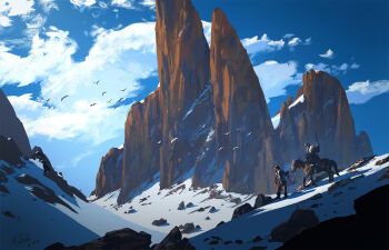 2boys animal blue_sky cloud commentary english_commentary flock from_side highres horse horseback_riding landscape mountain multiple_boys original outdoors painterly raphael-lacoste riding rock scenery sky snow
