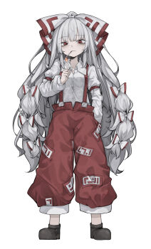 1girl absurdres black_shoes bow cigarette collared_shirt commentary fire fujiwara_no_mokou full_body hair_bow hand_in_pocket highres hisha_(kan_moko) lighting_cigarette long_hair long_sleeves looking_at_viewer multiple_hair_bows ofuda ofuda_on_clothes pants pyrokinesis red_eyes red_pants shirt shoes simple_background smoking solo standing suspenders touhou very_long_hair wavy_hair white_background white_bow white_hair white_shirt