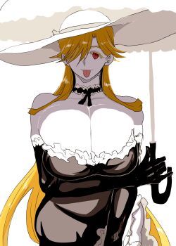 1girl :p absurdly_long_hair arm_under_breasts bare_shoulders black_dress blonde_hair breasts choker cleavage doctor_masube dress frilled_choker frilled_gloves frills gigantic_breasts gloves hair_over_one_eye hat highres holding holding_umbrella large_hat light_smile long_hair looking_at_viewer lucretia_(doctor_masube) one_eye_covered original red_eyes solo strapless strapless_dress sun_hat thigh_peek tongue tongue_out umbrella very_long_hair white_background