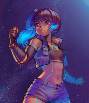 1girl bare_shoulders breasts brown_eyes crop_top cropped_jacket dark-skinned_female dark_skin elbow_gloves fingerless_gloves gloves issycake medium_hair night sena_(xenoblade) shoes side_ponytail sky sleeveless small_breasts star_(sky) starry_sky xenoblade_chronicles_(series) xenoblade_chronicles_3