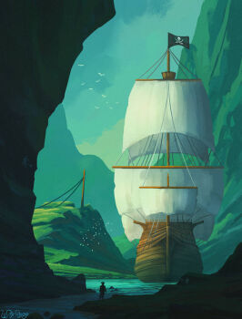 1boy cave_interior flock green_theme jolly_roger landscape mountain original painterly pirate_ship river rock sailing_ship shadow ship signature sky sunlight water watercraft wopgnop
