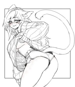 1girl absurdres animal_ear_fluff animal_ears ass bare_legs borrowed_character breasts cat_ears cat_girl cat_tail commentary cowboy_shot english_commentary from_behind greyscale hair_between_eyes highres large_breasts leaning_forward less lifting_own_clothes long_sleeves looking_at_viewer looking_back monochrome original puffy_long_sleeves puffy_sleeves ribbed_sweater short_shorts shorts sleeves_past_wrists smile solo sweater tail underboob upshirt