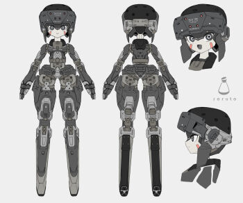 1girl :d armor arms_at_sides reference_sheet colored_skin commentary_request facial_mark flat_color from_behind from_side goggles goggles_on_head grey_background grey_eyes head-mounted_display highres joints looking_at_viewer multiple_views no_feet open_mouth original robot_girl robot_joints smile soruto_0w98e standing straight-on white_skin