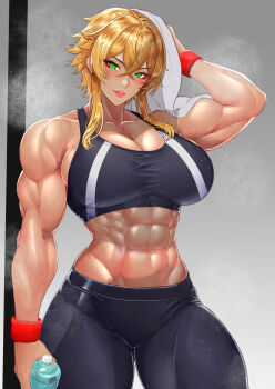 1girl abs bare_shoulders biceps black_sports_bra blonde_hair blush breasts collarbone crop_top eyelashes eyeliner eyeshadow eyeshadow_under_eye green_eyes highres kurosaka_oekaki large_breasts looking_at_viewer makeup midriff muscular muscular_female nattereri_yoko_(kurosaka_oekaki) navel obliques original red_eyeliner smile solo sports_bra sportswear thick_thighs thighs triceps two-tone_sports_bra
