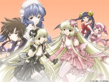 00s 6+girls android black_dress black_hair blonde_hair blue_hair brown_hair chii chobits clamp detached_sleeves dita dress everyone freya freya_(chobits) gothic_lolita grey_legwear hairband kimura_masahiro kotoko kotoko_(chobits) lolita_fashion long_hair long_sleeves multiple_girls official_art orange_background pink_dress pink_hair pink_legwear robot_ears short_hair siblings sisters sumomo_(chobits) thighhighs twins very_long_hair watermark yuzuki_(chobits) zettai_ryouiki