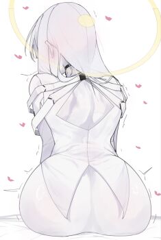 1girl ass ass_focus back back_focus blue_archive blush blush_visible_through_hair choker commentary_request from_behind gensou_destroy hair_over_shoulder halo heart highres huge_ass malkuth_(blue_archive) nape simple_background sitting trembling white_hair