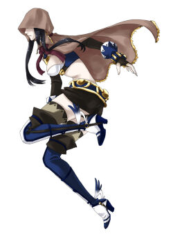 1girl adapted_costume black_gloves black_hair black_skirt blue_thighhighs bow bowtie breasts brown_cloak cloak closed_mouth commentary_request crop_top elbow_gloves expressionless fingerless_gloves full_body gloves hood hood_over_eyes hood_up hooded_cloak jumping long_hair medium_breasts midriff miniskirt ragnarok_online red_bow red_bowtie shirt shoes sidelocks simple_background skirt solo super_novice_(ragnarok_online) thighhighs toriria white_background white_shirt winged_shoes wings zettai_ryouiki