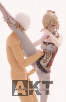 1boy 1girl 3d akt_(filtration) animated animated_gif bare_shoulders black_ribbon blinking blonde_hair blue_eyes blush boots bouncing_breasts bouncing_testicles breasts censored clothed_female_nude_male clothed_sex covering_own_mouth detached_collar faceless faceless_male genshin_impact hair_between_eyes hair_ribbon hand_over_own_mouth head_out_of_frame hetero jean_(genshin_impact) knee-high_boots knee_boots leg_lift leg_up medium_breasts mosaic_censoring nude ponytail ribbon testicles torn_clothes torn_legwear white_background white_footwear white_legwear