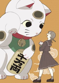Rule 34 | 1girl, bell, black sailor collar, black serafuku, black shirt, black shoes, braid, grey hair, grey socks, highres, holding, jingle bell, long sleeves, maneki-neko, medium skirt, orange background, original, pleated skirt, profile, sailor collar, school uniform, serafuku, shirt, shoes, simple background, skirt, socks, standing, twin braids, wa mu ta