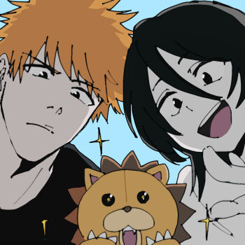 Rule 34 | >:(, + +, 1girl, 2boys, :d, black eyes, black hair, bleach, blue background, closed mouth, commentary request, double-parted bangs, fangs, frown, hair between eyes, happy, highres, kon (bleach), kuchiki rukia, kurosaki ichigo, looking at viewer, looking down, medium hair, multiple boys, nil note0, open mouth, orange hair, portrait, serious, short hair, simple background, smile, sparkle, spiked hair, stuffed animal, stuffed lion, stuffed toy, teeth, tsurime, upper teeth only, v-shaped eyebrows