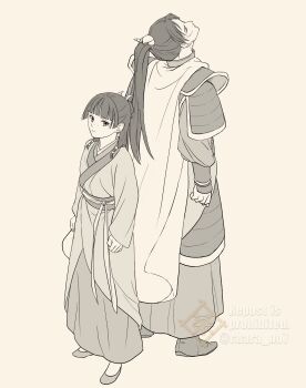 Rule 34 | 1boy, 1girl, armor, back-to-back, beads, blunt bangs, cape, chara no7, chinese clothes, closed mouth, facial scar, flats, freckles, greyscale, hair beads, hair ornament, hair ribbon, highres, jinshi (kusuriya no hitorigoto), kusuriya no hitorigoto, long hair, maomao (kusuriya no hitorigoto), monochrome, parted bangs, ponytail, ribbon, robe, scar, scar on cheek, scar on face, shoulder armor, sidelocks, twitter username, white cape