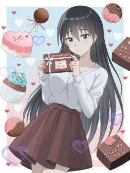 Rule 34 | 1girl, absurdres, alternate costume, azumanga daiou, black hair, blue eyes, border, box, brown skirt, cake, chocolate, closed mouth, commentary request, cowboy shot, cupcake, food, gift, gift box, hair between eyes, hands up, heart, highres, holding, holding gift, long hair, long sleeves, looking at viewer, miniskirt, naoyuki arts, outside border, sakaki (azumanga daioh), skirt, sleeves past wrists, smile, solo, sweater, very long hair, white border, white sweater