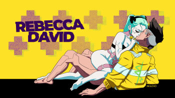 1boy 1girl absurdres black_hair bottomless breasts character_name cleavage closed_mouth commentary cyberpunk_(series) cyberpunk:_edgerunners cyborg david_martinez english_commentary french_kiss girl_on_top grey_hair hetero highres inigoiio jacket kiss leg_tattoo mohawk multicolored_hair neck_tattoo rebecca_(cyberpunk) signature small_breasts stomach_tattoo tattoo twintails two-tone_hair undercut yellow_jacket