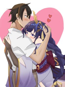 1boy 1girl artist_self-insert back_bow blunt_bangs blush bow braid bridal_gauntlets brown_eyes brown_hair commentary_request couple dark-skinned_male dark_skin embarrassed fan_hair_ornament from_side genshin_impact hair_ornament hair_ribbon heart hetero highres hug japanese_clothes kimono kirin_(kirin26497823) long_braid long_hair oc_x_canon off_shoulder original purple_eyes purple_hair purple_kimono purple_nails raiden_shogun red_sash ribbon sash shade shirt short_hair short_sleeves shy simple_background single_bare_shoulder single_braid standing tan thighs upper_body white_background white_shirt yellow_ribbon