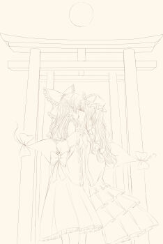 2girls absurdres bow closed_eyes commentary dress frilled_bow frilled_dress frilled_hair_tubes frills gap_(touhou) hair_bow hair_tubes hakurei_reimu hat hat_ribbon highres holding_hands interlocked_fingers kiss long_hair mob_cap monochrome multiple_girls ribbon sketch symbol-only_commentary torii touhou very_long_hair wutian_buchi_yu yakumo_yukari yellow_theme yuri