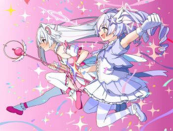 2girls blue_archive drill_hair gloves halo head_wings highres jumping long_hair magical_girl multicolored_hair multiple_girls pink_background reisa_(blue_archive) reisa_(magical)_(blue_archive) res1dents1eeper single_head_wing star_(symbol) suzumi_(blue_archive) suzumi_(magical)_(blue_archive) twin_drills two-tone_hair two-tone_pantyhose wand white_hair wings