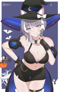 1girl absurdres animal_ears black_bra black_shorts blue_eyes border bra breasts cat_ears cat_girl cat_tail cipher_(honkai:_star_rail) cleavage commentary ears_through_headwear english_commentary grey_hair halloween halloween_bucket halloween_costume hat highres holding holding_with_tail honkai:_star_rail honkai_(series) ken-pai_(kenpai_arts) large_breasts looking_at_viewer midriff multicolored_hair navel prehensile_tail purple_background short_hair shorts solo tail thigh_strap thighs two-tone_hair underwear white_border white_hair witch_hat