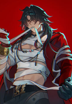 1boy ahoge bandages bangle beads belt biting black_hair blade_(elation)_(honkai:_star_rail) blade_(honkai:_star_rail) blue_hair bracelet collar commentary double-parted_bangs gloves gradient_hair hair_over_one_eye hashtag-only_commentary highres honkai:_star_rail honkai_(series) jewelry long_hair male_focus multicolored_hair necklace open_clothes pants red_background red_eyes stretching symbol-only_commentary uwon very_long_hair