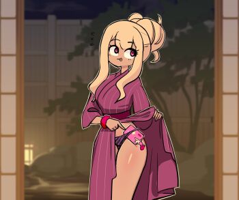 1girl :p absurdres blonde_hair breasts cellphone centurii-chan closed_mouth clothes_lift commentary cowboy_shot double-parted_bangs english_commentary flying_sweatdrops gyaru gyaru_landsknecht_(centurii-chan) hair_bun highres japanese_clothes kimono kimono_lift long_hair long_sleeves looking_to_the_side looking_up medium_breasts object_in_clothes object_in_panties original panties phone pink_eyes pink_kimono purple_panties single_hair_bun smartphone smile solo standing thighs tongue tongue_out underwear yukata yukata_lift