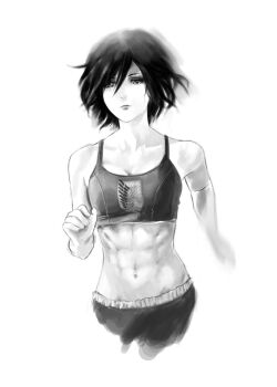 1girl abs bad_link bare_arms bare_shoulders black_hair bob_cut bra breasts cleavage collarbone floating_hair frilled_shorts frills greyscale hair_between_eyes highres jogging lipgloss looking_ahead looking_to_the_side medium_breasts midriff mikasa_ackerman monochrome navel shingeki_no_kyojin short_hair shorts simple_background solo sports_bra survey_corps_(emblem) underwear white_background
