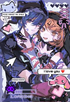 1boy 1girl alternate_costume animal_ear_headwear bandaid bandaid_on_cheek bandaid_on_face bare_shoulders black_shirt blouse blue_eyes blue_hair bow brown_eyes brown_hair cat chinese_commentary commentary_request couple cross-laced_clothes cross-laced_sleeves detached_sleeves dog dress fake_animal_ears fashion flipped_hair hair_between_eyes hair_ornament hairclip heart highres hug jirai_kei loading_icon loading_screen looking_at_viewer open_mouth parted_lips persona persona_3 pink_ribbon pixel_heart ribbon shirt short_hair striped_sleeves surielye suspenders takeba_yukari upper_body yuuki_makoto_(persona_3)