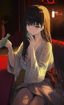 1girl absurdres alternate_costume black_hair black_halo blue_archive bottle breasts bright_pupils chinese_commentary cleavage commentary_request cup drinking_glass halo highres holding holding_cup indoors japanese_clothes jianjia kimono large_breasts long_hair looking_at_viewer multicolored_halo print_kimono red_eyes ringed_eyes rio_(blue_archive) sakazuki sake_bottle sitting solo two-tone_halo white_pupils yukata