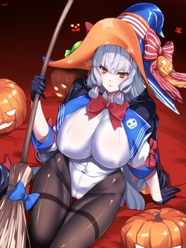 1girl absurdres black_gloves black_pantyhose blunt_bangs blunt_tresses blush bow breasts broom collared_leotard commentary_request cosplay embarrassed gloves grey_hair hair_ribbon hakkai halloween halloween_costume hat hat_bow highres holding holding_broom huge_breasts jack-o&#039;-lantern kantai_collection leotard long_hair looking_at_viewer murakumo_(kancolle) orange_eyes pantyhose ribbon richard_p._leary_(halloween)_(kancolle) richard_p._leary_(kancolle) richard_p._leary_(kancolle)_(cosplay) richard_p._leary_kai_(kancolle) short_eyebrows solo thighband_pantyhose tress_ribbon white_leotard witch witch_hat