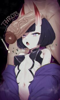 1boy 1girl absurdres bare_shoulders black_hair bob_cut breasts erection fate/grand_order fate_(series) hetero highres horns interspecies looking_at_penis lost-phews navel oni oni_girl penis penis_awe penis_on_head purple_eyes short_hair shuten_douji_(fate) skin-covered_horns small_breasts solo_focus stomach sweat uncensored veins veiny_penis