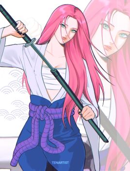 Rule 34 | 1girl, alternate costume, alternate hairstyle, artist name, breasts, chest sarashi, cleavage, closed mouth, commentary, cosplay, cowboy shot, english commentary, floating hair, green eyes, hair over shoulder, haruno sakura, head tilt, highres, holding, holding sheath, holding sword, holding weapon, katana, long hair, looking ahead, naruto (series), naruto shippuuden, parted hair, pink hair, rope belt, sarashi, seigaiha, sheath, shirt, straight hair, sword, tenartistt, uchiha sasuke, uchiha sasuke (cosplay), watermark, weapon, white background, white shirt, wide sleeves, zoom layer