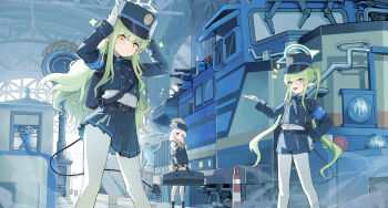 5girls absurdres aoba_(blue_archive) armband bag belt belt_pouch black_belt black_boots blue_archive blue_armband blue_bag blue_hair blue_hat blue_jacket blue_shorts blue_skirt blue_trim boots bow bowtie breasts brown_gloves buttons charm_(object) clock commentary_request demon_tail earrings flying_sweatdrops furrowed_brow gloves green_hair green_halo grey_armband gun halo hand_on_own_hip hands_up hat highlander_railway_academy_student_(hg)_(blue_archive) highres hikari_(blue_archive) holding holding_bag jacket jewelry long_sleeves low_twintails missile_pod multiple_girls newsboy_cap notice_lines nozomi_(blue_archive) pantyhose peaked_cap pleated_skirt pointy_ears pouch rabbit_pose red_eyes shirt shirt_tucked_in shorts shoulder_bag sidelocks single_earring skirt small_breasts sparkle standing tail train train_conductor train_station train_station_platform twintails weapon white_gloves white_hair white_halo white_pantyhose white_shirt white_shorts yellow_bow yellow_bowtie yellow_eyes yellow_halo yuku~