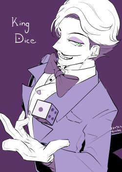 Rule 34 | 1boy, 2022, :d, artist name, bow, bowtie, buttons, character name, coat, collared shirt, commentary, cuphead (game), dated, dice, eyeshadow, facial hair, foreshortening, from above, gloves, green eyes, grid teeth, grin, hair behind ear, hair slicked back, half-closed eyes, hand up, highres, holding, holding dice, humanization, jitome, king dice, limited palette, long sleeves, looking at viewer, makeup, male focus, mustache, open clothes, open coat, open mouth, purple bow, purple bowtie, purple coat, purple eyeshadow, purple hair, shirt, short hair, simple background, smile, solo, symbol-only commentary, tanabe1921, traditional bowtie, upper body, very short hair