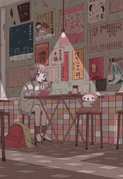 1girl animal backpack bag bowl brown_socks chopsticks cup drinking_glass eating food grey_jacket highres holding holding_chopsticks indoors jacket noodles original ramen restaurant scarf shoes sign sitting sloth_(animal) socks stool table tile_floor tiles tokunagapan unworn_bag unworn_scarf white_shoes