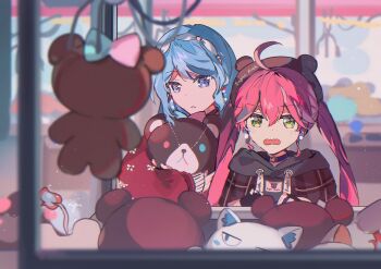 2girls ahoge blue_eyes blue_hair choker commentary crane_game earrings green_eyes highres hololive hoshimachi_suisei hoshimachi_suisei_(micomet) jewelry miya_(ikanyaide) multiple_girls official_alternate_costume pink_hair sakura_miko sakura_miko_(micomet) stuffed_animal stuffed_toy symbol-only_commentary teddy_bear twintails virtual_youtuber