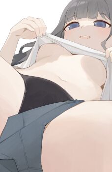 1girl black_panties blue_eyes blue_shorts breasts clothes_lift commentary from_below green_hair grey_hair highres hiroki_(yyqw7151) lifting_own_clothes long_hair medium_breasts navel open_mouth original panties shirt shirt_lift shorts simple_background smile solo spread_legs underboob underwear white_background white_shirt