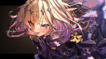 Rule 34 | 1girl, blonde hair, commentary, cure arcana shadow, diamond hairband, dress, gradient hair, highres, jewelry, long hair, looking at viewer, magical girl, meitantei precure!, moria luluka, multicolored hair, nana1tsu, precure, purple dress, purple eyes, purple hair, solo, two-tone hair, untranslatable commentary