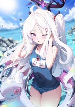 1girl absurdres ahoge black_halo blue_archive blue_sky breasts day demon_girl demon_horns demon_wings halo highres hina_(blue_archive) hina_(swimsuit)_(blue_archive) horns long_hair looking_at_viewer low_wings mayoril mountain ocean old_school_swimsuit outdoors purple_eyes school_swimsuit sky small_breasts solo standing swimsuit very_long_hair white_hair wings
