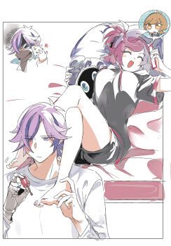 2girls 3_ma_me bessho_emma brother_and_sister brown_eyes brown_hair brown_scarf dojun_kengo half-siblings highres linkuriboh lying mechanical_arms multiple_girls nail_polish on_back pillow purple_eyes purple_hair scarf siblings single_mechanical_arm stuffed_toy yu-gi-oh! yu-gi-oh!_vrains zaizen_aoi